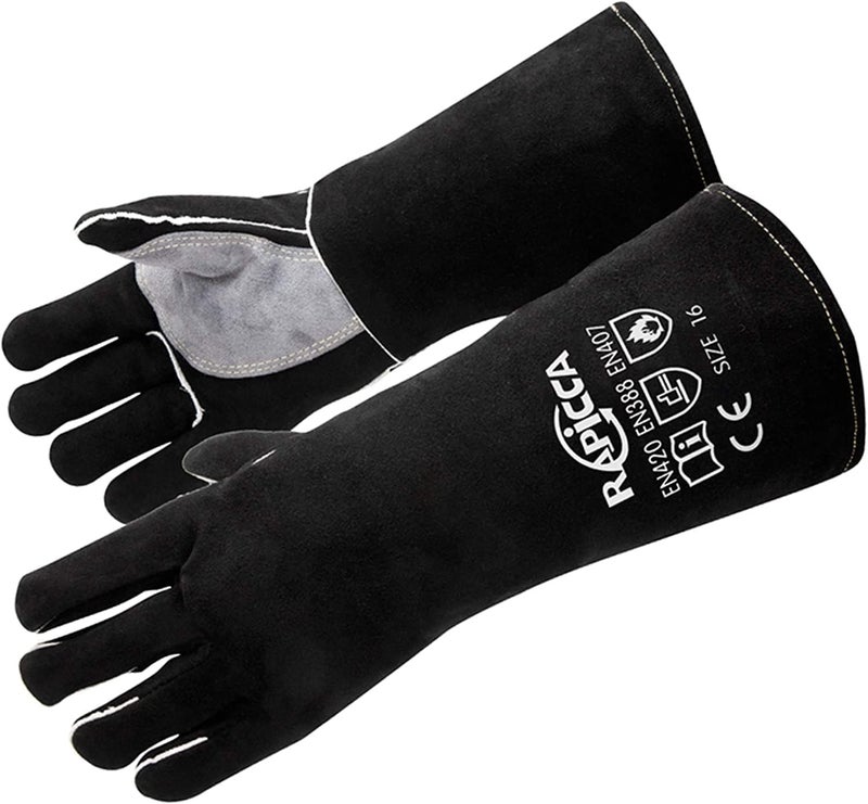 RAPICCA Fireplace Gloves Fire Heat Resistant: Black 14IN - Fireproof Leather for Fireplace Fire Pit Wood Stove Campfire Furnace BBQ Grill Oven Stick Mig Welding Welder Gear - Birthday Gift for men - Image 1